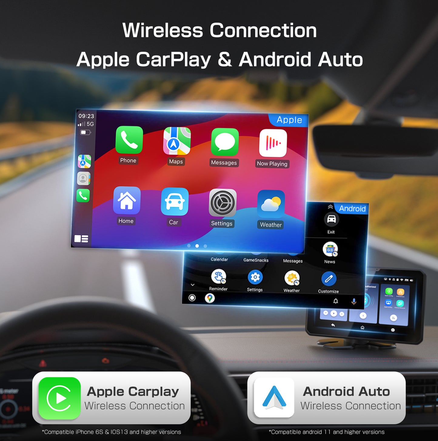 Cosuvow 2023 Latest Wireless CarPlay & Android Auto, Portable 7" HD Car Touch Screen,Apple AirPlay/Miracast/Voice Control/Dual Bluetooth Channel/Local Play/FM/AUX,for 12/24V Car